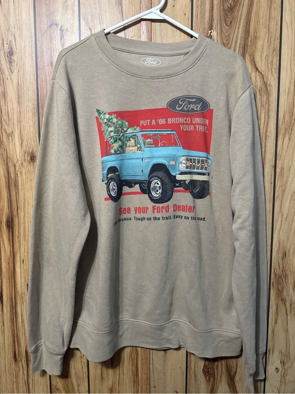 Ford Tan Crewneck Sweatshirt with Blue Bronco Graphic